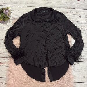 Karen Millen Satin Crepe Feather Trim Black Layered Black Blouse